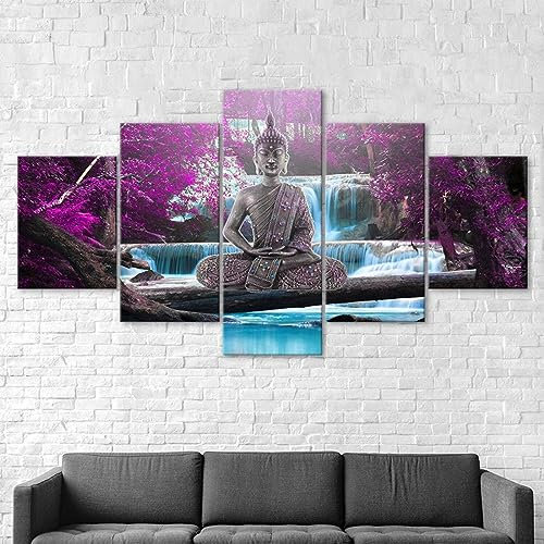 5 teilige bilder Buddha-Wasserfall-Purpurbaum-Szene 5 teilige Leinwandbilder Bilder,5 teilig wandbild,leinwanddrucke 5 stück wandkunst,bilder wohnzimmer modern leinwand Malerei,xxl bilder,200x100cm