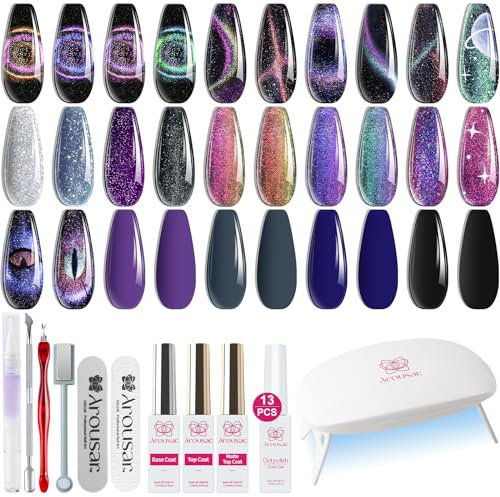 Arousar Cat Eye Gel Nagellack 9D, 16pcs Chamäleon Nagellack Schwarz Lila Glitzer Splitter wechselnde magische Galaxie Effekt Set mit Basis Decklack, LED Nagel lampe, Nagelhautöl und Maniküre Werkzeug