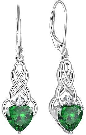 FJ Unendlichkeit Keltischer Knoten Ohrringe Damen 925 Sterling Silber Hängend Ohrringe Smaragd Mai Geburtsstein Ohrringe Irischer Glücksschmuck Geschenke für Frauen