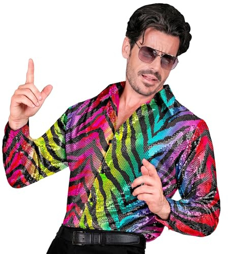 W WIDMANN Milano Party Fashion - Pailletten Hemd Herren | Langarm, glänzendes Disco Outfit für Karneval, Festival, Mottoparty und 70er / 80er Jahre Events