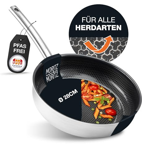 Moritz & Moritz Edelstahlpfanne Wabenstruktur 28cm mit Keramikbeschichtung der neuesten Generation - für alle Herdarten geeignet - Antihaft Pfanne mit geradem Rand zum Kochen, Braten und Schmoren