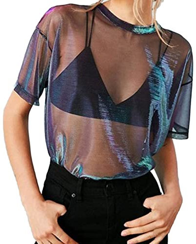 Damen Netzstoff Shirtnetz Oberteil Transparentes Shirt Modisches Sexy Mesh Top Netzshirt Damen Kurze Ärmel Mesh Shirt Durchsichtige Glitzer-Top Party Club Mesh Oberteile Bluse Tunika (Purple, XL)