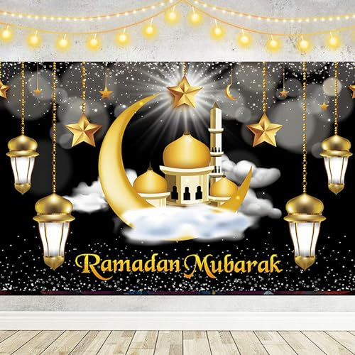RYAN 1 Stück Ramadan Deko Hintergrund Banner 180 * 110 cm Eid Mubarak Dekoration Große Ramadan Kareem Banner für Eid Festival Party Dekoration Ramadan Kareem Dekoration (Schwarz, Gold)