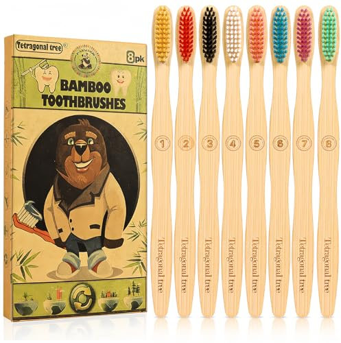 Tetragonal tree Biodegradable Bamboo Toothbrushes (8 Pack) - Natural Toothbrush Value Pack - Extra Soft Toothbrush for Adults, Good for Sensitive Teeth