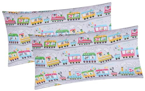 2er Set Kissenbezug in 40x80 cm Renforcé 100% Baumwolle - Zug, Lokomotive - Kopfkissen-Bezug, Kissenhülle, Dekokissenbezug, Kinder (EW-Zug-Grau-40x80)