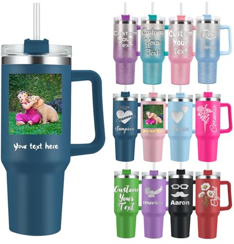 Thermobecher Personalisierter mit Henkel und Strohhalm 1200ml Becher mit Namen, Logo, Geburtsblume und Text Personalisierte Geschenke für Männer und Frauen Vatertagsgeschenk Muttertagsgeschenke