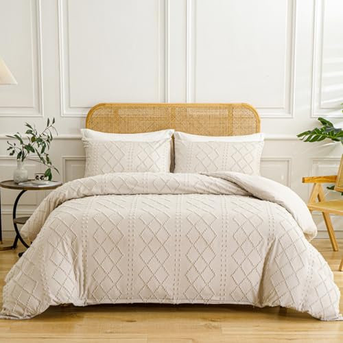 Nyescasa Beige Bettwäsche 135x200 Boho Getuftet Stickerei Geometrisch Kariert Wendebettwäsche Set Mädchen Mikrofaser Chic Vintage Bettbezug mit Reißverschluss und Kissenbezug 80x80 cm