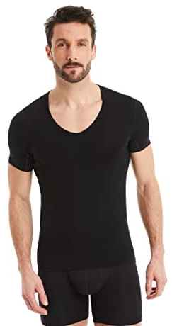 FINN Herren Funktions-Unterhemd mit V-Ausschnitt - Anti-Schweiß Shirt mit Einsätzen gegen Schweißflecken - Kurzarm Unterziehshirt Männer aus original Lenzing® Modal Stoff Schwarz 3XL