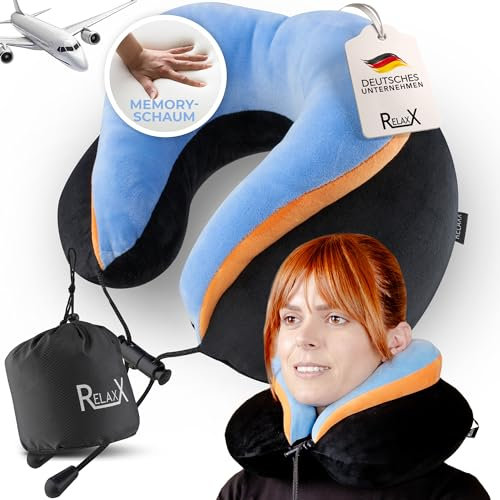 RELAXX Premium Komfort Nackenkissen für Flugzeug Auto Bus Bahn - Memory Foam Reisekissen - Nackenhörnchen für Erwachsene und Kinder - Travel Pillow Nackenrolle - Reise Gadgets
