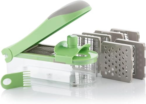7 in 1 Küchenhobel für Gemüse mit Rezepten und Zubehör - Hobel - Gemüseschneider - Edelstahlklingen, Behälter und Handschuh enthalten - Grün