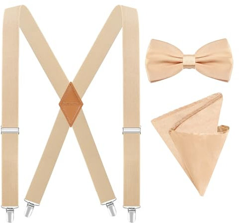 Fevaeno Hosenträger für Herren Breit 3.5cm mit Metal Clips Einstellbar und Elastisch Einheitsgröß Hosenträger Fliege Einsteckuch Set X-Beige