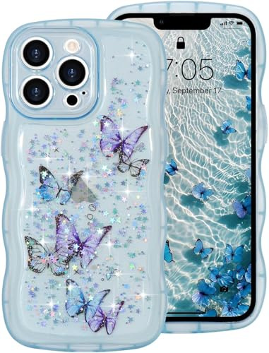 miyonsin Glitzer Hülle für iPhone 12 Mini, Durchsichtig Bling Glitter Schmetterling Stoßfeste Stoßstange Handyhülle für Frauen und Mädchen, Niedliche Glitzernde Schutzhülle für iPhone 12 Mini, Blau