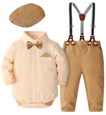 Fldy Baby Jungen Kleidung Set Festlich Fliege Strampler Hosenträger Hose Und Mütze 3tlg Set Für Hochzeit Taufe Party 0-24 Monate Champagne 62-68