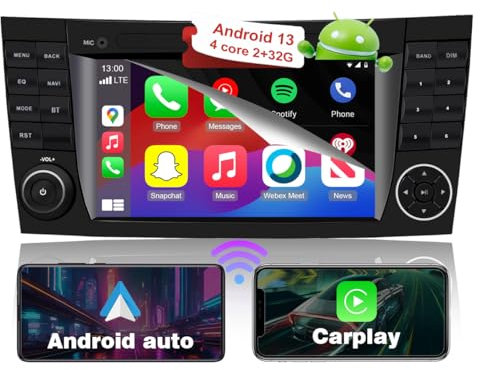RICBAFEE Radio De Coche para Mercedes Benz Clase E W211 E200 CLS W219 con Navegación GPS, 7‘’ Estéreo Android 13 con CarPlay Android Auto Bluetooth WiFi FM RDS Control del Volante (2+32GB 4Core)