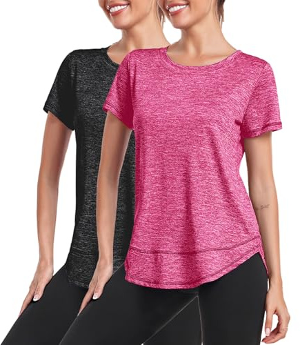 Deaviya Women's Sports T-Shirt Gym Tops, Short Sleeve Workout Casual Running Tops, Ladies Gym Yoga Sports Top, Crew Neck Fitness T-Shirts for Women, Loose Side Split Tee,Black and Red, 3XL