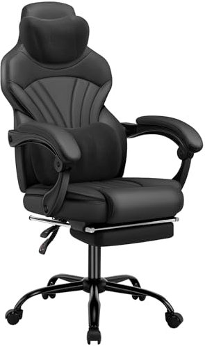 HLFURNIEU Chaise Gaming Ergonomique, Fauteuil Gaming avec Appui-tÊte et Support Lombaire, Chaise Gamer avec Repose-Pieds TÉlescopique et Accoudoirs de Liaison, Réglable en Hauteur, Fauteuil Gamer Noir