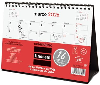 Finocam - Calendario Neutro Sobremesa 16 Meses 2025 2026 Mes Vista Septiembre 2025 - Diciembre 2026 (16 meses) Neutro Español