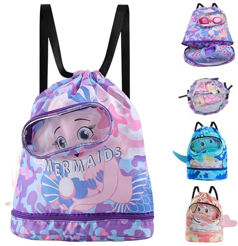 Cyiecw Wasserdichter Schwimmrucksack Kinder mit Kordelzug, Schwimmtasche Turnbeutel mit Bodenfach und Brillenbereich, Nasser und Trockener Sportrucksack Kinder für Mädchen und Jungen (Meerjungfrau)