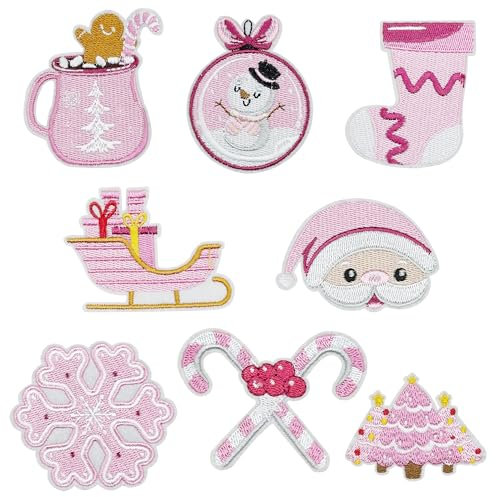 Attuslla 8 PCS Iron on Patch Embroidered Pink Santa Claus Snowflake Appliques Stickers for Craft, Sewing, Clothing and DIY Christmas Gifts