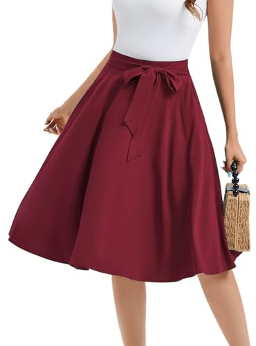 Trachtenrock Damen Knielang Röcke Vintage Rockabilly Oktoberfest Rock Basic Vielseitige Casual Tellerrock Hohe Taille Freizeitrock Burgundy L