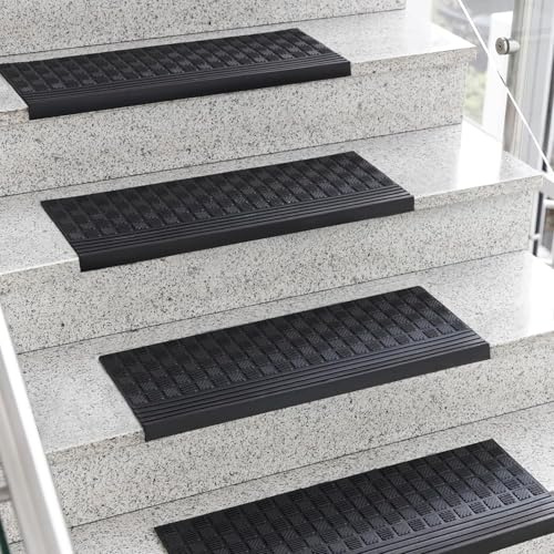 KARAT Tappeti per scale in gomma Diamond per esterni, marchette adesive antiscivolo e resistenti agli agenti atmosferici UV, protezione per scale anti-intoppo (25 x 65 cm, 5 pezzi)