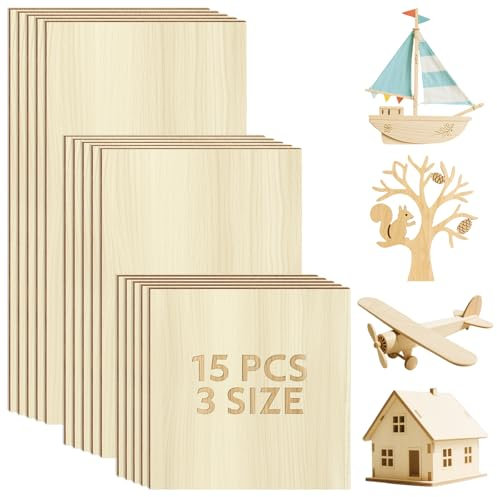 Realure 15 Pcs/3 Sizes Plywood Sheets Set, 10x10/15/20x0.2cm Balsa Wood Sheets, Thin Unfinished Basswood Sheet Wooden Boards, Suitable for DIY Arts Crafts Woodcraft Painting, Engraving