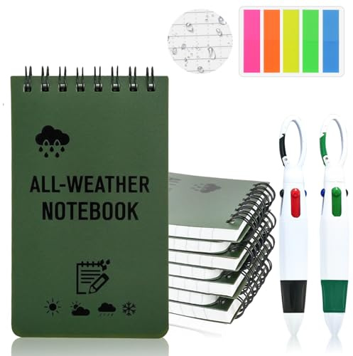 WRENYZK 8 Stück Wasserdichte Notizblock mit 2 Stifte und Index-Aufklebern, Pocket Notizbuch 12,7x7,6 CM mit Top-Spirale, Allwetter-Notizblöcke mit Raster für Aktivitäten im Freien Aufnahmen