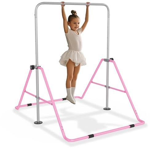 AufuN Gymnastikstange Kinder, Faltbarer Turnreck Reckstange Indoor höhenverstellbar, Stabile Stahlkonstruktion, Erweiterbare Junior-Heimausrüstung Stangen für das Kinderheimtraining, Rosa