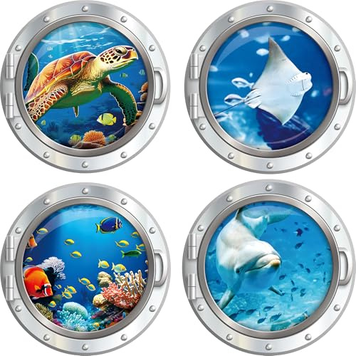 Sea Animal Cruise Door Magnets - 4 Pcs Large Cruise Magnets Porthole Sea Turtle Dolphin Ray Tropical Fish Patterns for Sea Animals Magnetic Cabin Stateroom Door Signs Fridge Decor
