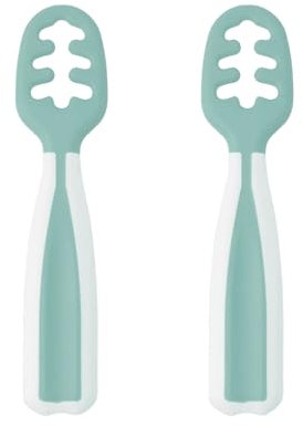 Kiokids | Set 2 Cucharas de Entranamiento para Bebés | Autonomía para Comer Solo | Fácil, Cómoda y Adaptada a sus Movimientos | No se Derrama | Punta en TPE | Apto para Lavavajillas | Color Salvia