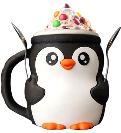 Nudorpn Cute Penguin Ice Cream Cup Holder, 473 ml Ice Cream Pint Container with Spoon Holder, Leak-proof Stick Holder, Unique Gift for Ice Cream Lovers