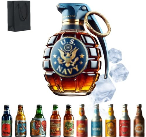 Military Hand Grenade Whiskey Bottle, 2025 New Engraved Hand-Grenade Shape Glass 300ml, Leak-Proof & Durable Whiskey Decanter Military Collection Veteran Gifts (D)