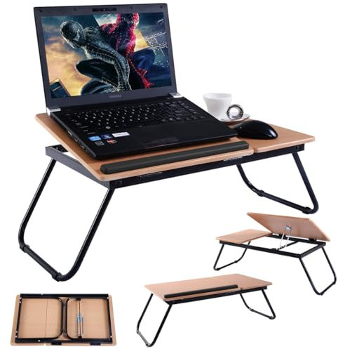 COSTWAY Table de Lit Pliable 55 x 32 cm, Plateau de Lit pour Ordinateur Portable avec 5 Angles d'Inclinaison Réglables, Cadre en Métal, Idéal pour Lecture, Travail, Petit Déjeuner (Naturel+Noir)