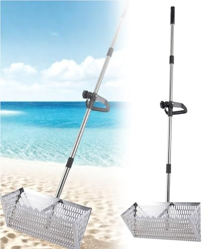 Set di rastrello per pulci, setaccio per sabbia da spiaggia in acciaio inox con cestello largo da 40 cm a denti di squalo, rastrello per sabbia scavato in acciaio al carbonio, rastrelli con manico