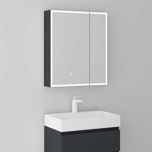 Mai & Mai Spiegelschrank Bad mit LED Beleuchtung 60x15x70 cm | Badezimmerschrank mit 3 Spiegeltüren, Hängeschrank Badezimmerspiegel in Anthrazit matt, Spiegelschrank-04