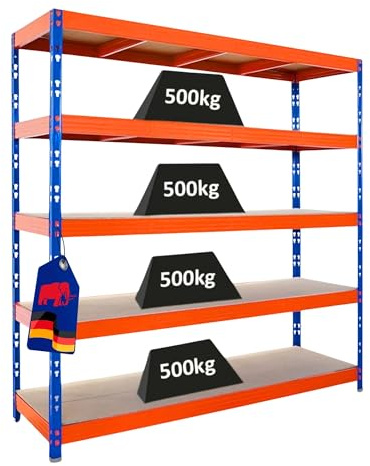 PROREGAL Profi Schwerlastregal Rhino EXTRA BREIT blau/orange HxBxT 200x200x60cm Fachlast 500kg 5X Spanplatten-Ebenen 8mm Garagenregal, Lagerregal, Steckregal, Weitspannregal