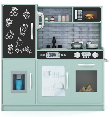 COSTWAY Kinderküche Holz, Spielküche mit Zubehör, Puppenküche | Spielzeugküche mit Tafel, Mikrowelle, Eismaschine, Geschirrspüler & Backofen, Holzküche für Kinder ab 3 Jahren, Grün