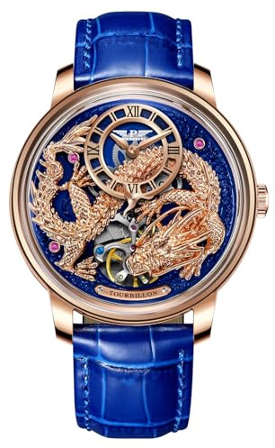 P PINDUER Automatik Uhr Herren - 3D Drache Design Herrenuhr Automatik mit Lederarmband, 45.5mm Edelstahlgehäuse, Luxuriöse Uhr Herren für Alltag & Festlichkeiten
