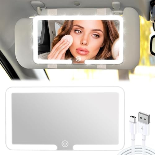 Lypumso Auto Spiegel Sonnenblende LED HD mit 3 Lichtmodi, Tragbar, Weiß | Auto Kosmetikspiegel Einstellbare Helligkeit, Universal Schminkspiegel mit Licht, Make-up Spiegel Wiederaufladbar