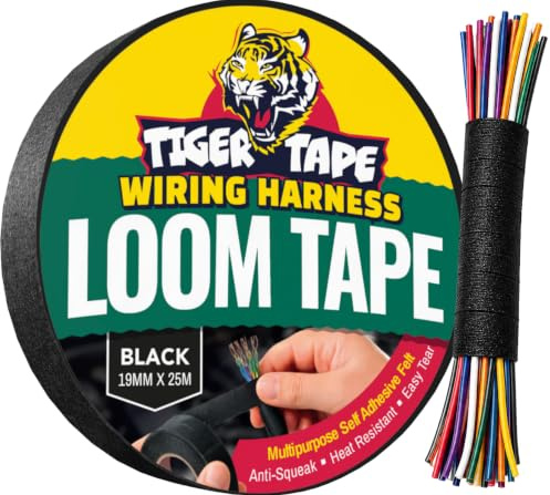Tiger Tape® Car Wiring Harness Loom Tape. Anti-Squeak, Anti-Rattle Heat Resistant High Tack Adhesive. Cable Wrapping for Cars, Campervans, Caravans & Electrical Wiring 19mm x 25m