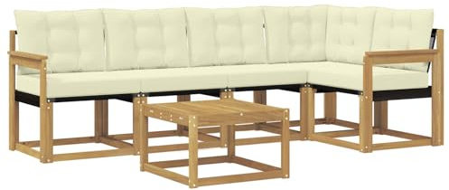 vidaXL Outdoor-Sofagarnitur mit Kissen 6 pcs Weiß und Creme, Akazien Outdoor Sofa Set, modische Möbel für Terrasse, wetterfester Couch, entspannende Sitzgruppe im Garten