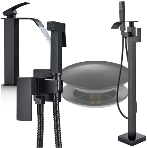 Ari Badarmaturen Set Waterfall freistehende Badewannenarmatur mit 360 Grad Auslauf Bidetarmatur Classic Waschbeckenarmatur Wasserfall und Click-Clack Ablaufgarnitur mit Keramikventil (Hoch)