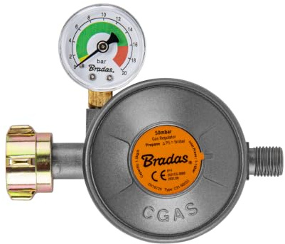 Bradas Gasdruckminderer 50 mbar mit Manometer & EFV-Sicherheitsventil, Gasregler 1,5 kg/h, Druckminderer für Gasflasche, Grill, Gaskocher & Heizgerät, W21,8 x 1/14 LH auf G1/4-LH, EN16129