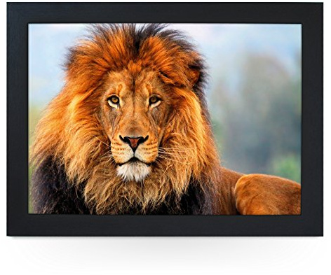 Portable Lap Desk Tray (Majestic Lion) Handmade Wooden Frame, Beanbag Cushioned Bottom | Computers, Laptops, Meals, Food | L0051 Black