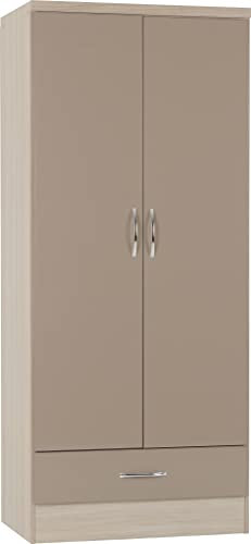 Seconique Nevada 2 Door 1 Drawer Wardrobe in Oyster Gloss/Light Oak Effect Veneer