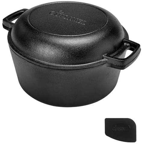 Cast Iron Dutch Oven - 5-Quart / 4.73-Liter - Pre-Seasoned 2-in-1 Double Combo-Cooker & Frying Pan - 10/25.4cm-Lid Converts to Skillet - Indoor/Outdoor Multi-Cooker - Oven, Grill, Stove, Induction