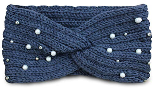 PiriModa Damen Strick Perlen Stirnband Ohrwärmer Winter Kopfband Haarband gehäkelt Dunkelgrau