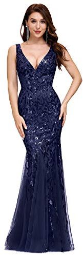Ever-Pretty Damen Abendkleid Meerjungfrau Pailletten Tüll V Ausschnitt lang Navy blau 40