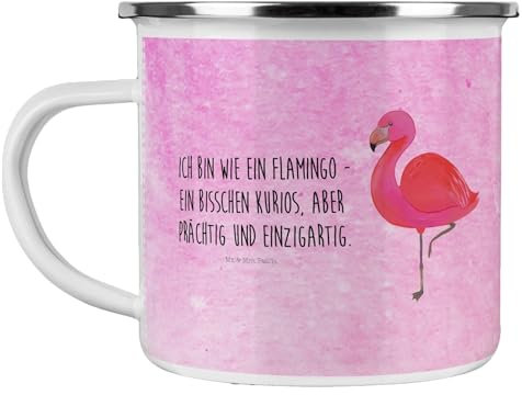 Mr. & Mrs. Panda Camping Emaille Tasse Flamingo Classic - Geschenk, Freundinnen, einzigartig, glücklich, Campingtassen, Freundin, Camping Tassen,