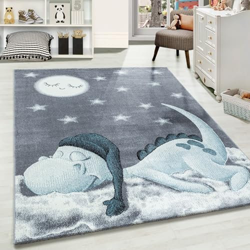 Carpetsale24 Kinderteppich süßes Dinosaurier Muster Blau und Grau 80 x 150 cm - Kurzflor Teppich Kinderzimmer Babyzimmer für Mädchen und Junge Extra Weich Pflegeleicht Spielteppich Babyteppich Läufer